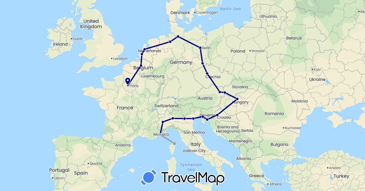 TravelMap itinerary: driving, plane in Austria, Belgium, Czech Republic, Germany, France, Croatia, Hungary, Italy, Netherlands, Slovakia (Europe)